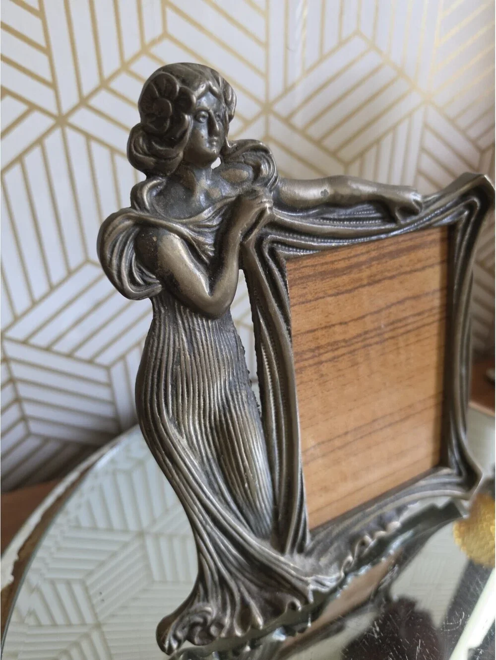 Vintage Brass Art Deco Style Metal Frame with Stand Art Nouveau Hula Tiki Girl